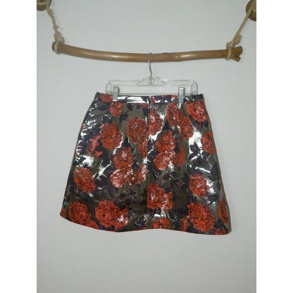 J. Crew Mini Skirt Red Silver Metallic Floral Print Pleated A-Lined Size 2 - Picture 7 of 9